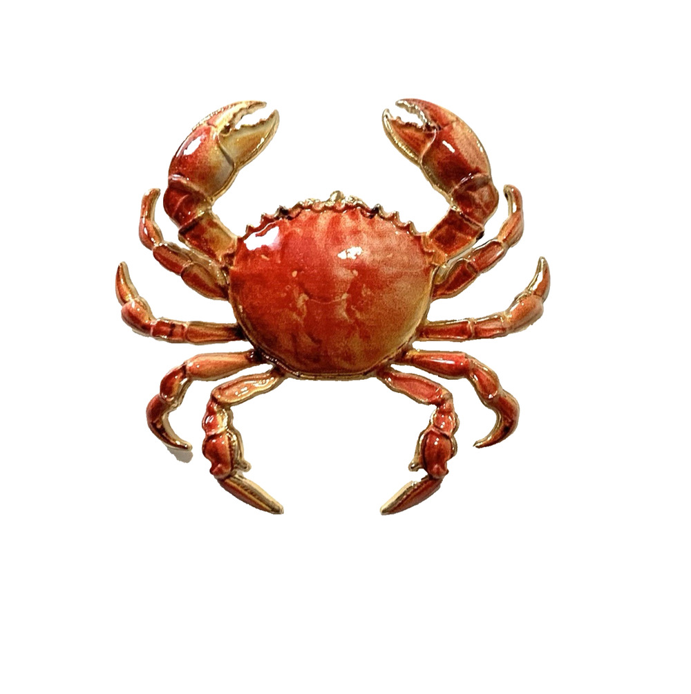 Enamel on Gold Tone Crab Brooch Tropical Sea Life Red Orange Figural Whimsy Pin